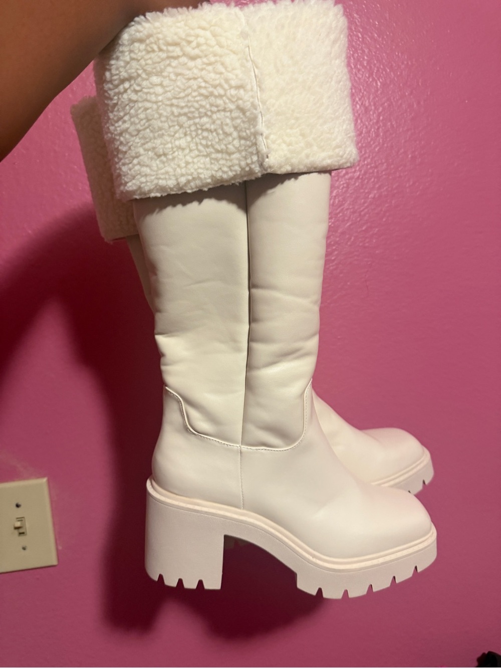 Steve Madden White Faux-Shearling Cuff Over-the-Knee Chunky Heel Boots